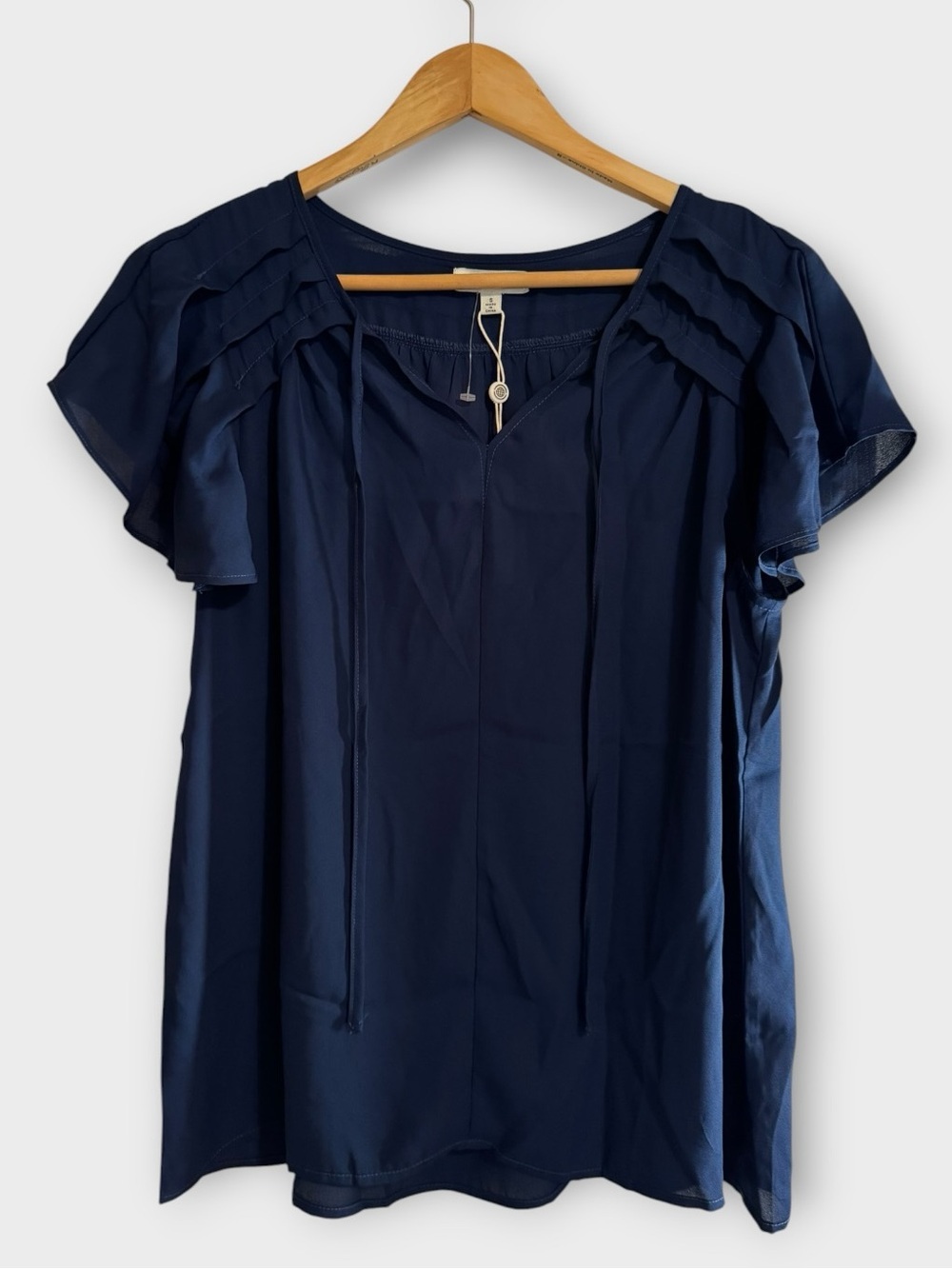 Max Studio Navy Blue Ruffle Flutter Sleeve Peasant Blouse Top Size Small